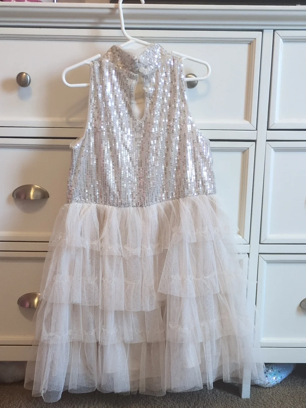 Sugar Silver Sequin Bodice with Ivory Tulle Tiered Skirt Dress
